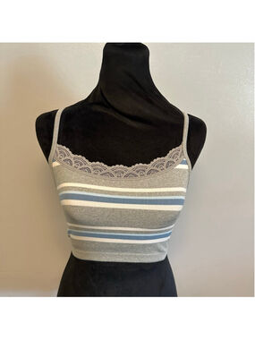Aerie Gray Blue Striped Lace Trim Crop Top women’s XS built in bra